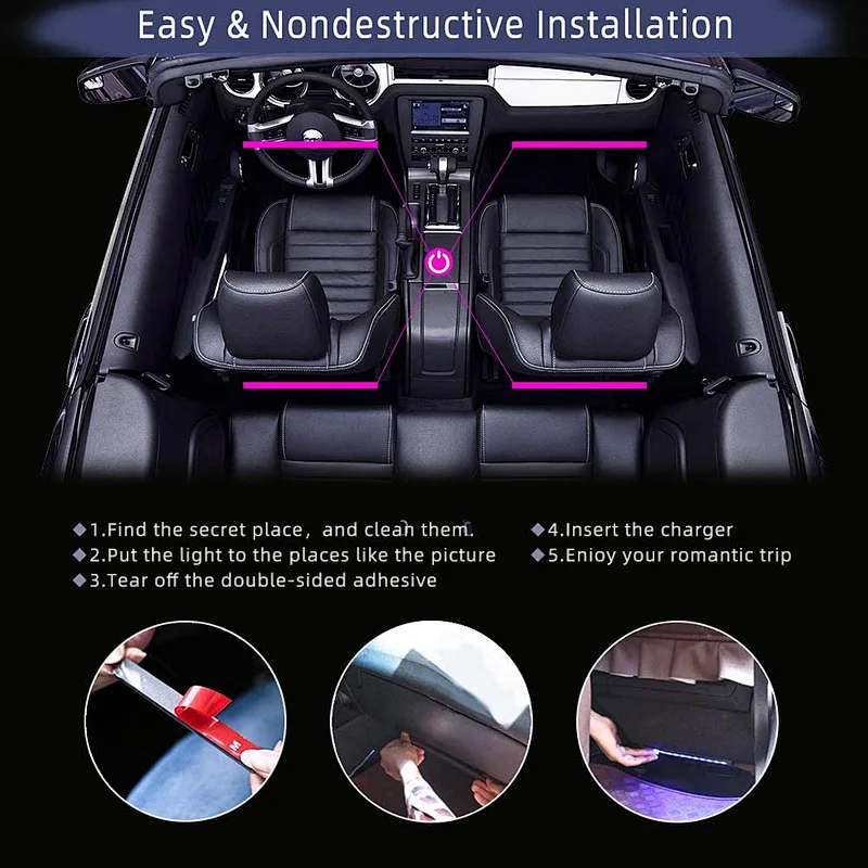 Car LED Strip Light 4 PCS Multicolor Music Car Interior Atmosphere Lights with Sound Active Function APP Controller Lighting Kits, Music Under Dash Car Lighting