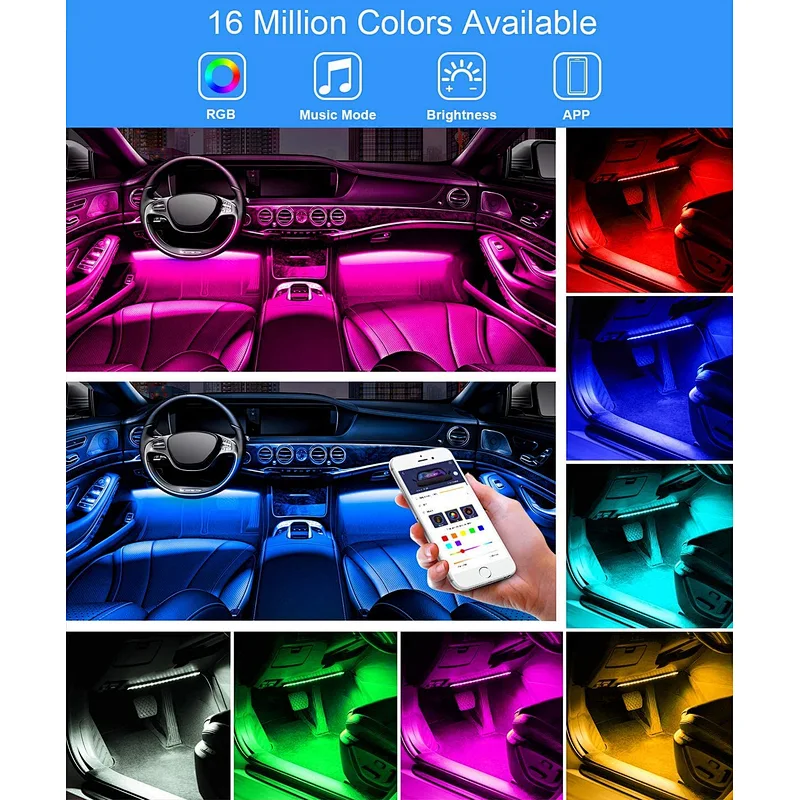 Car LED Strip Light 4 PCS Multicolor Music Car Interior Atmosphere Lights with Sound Active Function APP Controller Lighting Kits, Music Under Dash Car Lighting