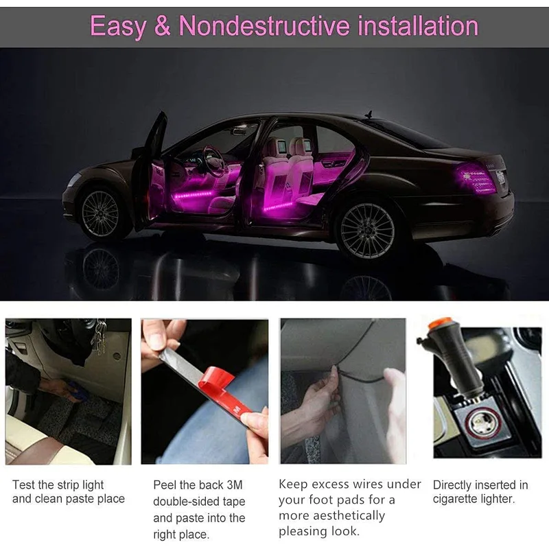 Car LED Strip Light 4 PCS Multicolor Music Car Interior Atmosphere Lights with Sound Active Function APP Controller Lighting Kits, Music Under Dash Car Lighting