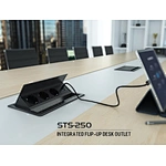 Redesigned STS-250 Integrated Flip-up Desk Outlet combines optimal functionality with a sleek design.