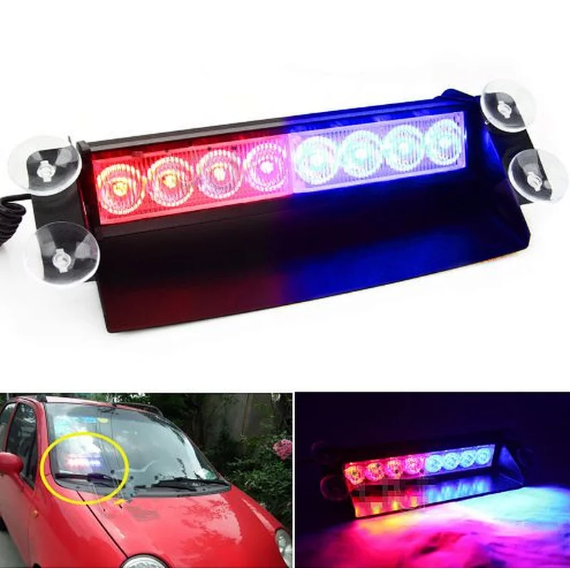 8 LED 3 Flash Mode Car Truck Visor Dashboard Emergency Vehicle Warning Strobe Flash Light Lamp Bar for Interior Roof/Dash/Windshield with 4 Suction Cups (Blue+Red)