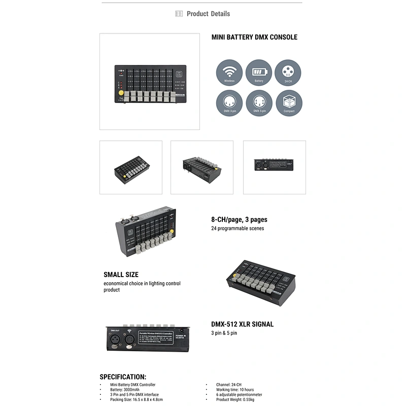 HAPPINESS Battery DMX Console 24 Channels Mini DMX Controller Stage & Lighting DJ Equipment