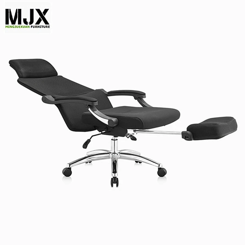 Reclining high back office chair in grey mesh and fabric for relaxing with footrest