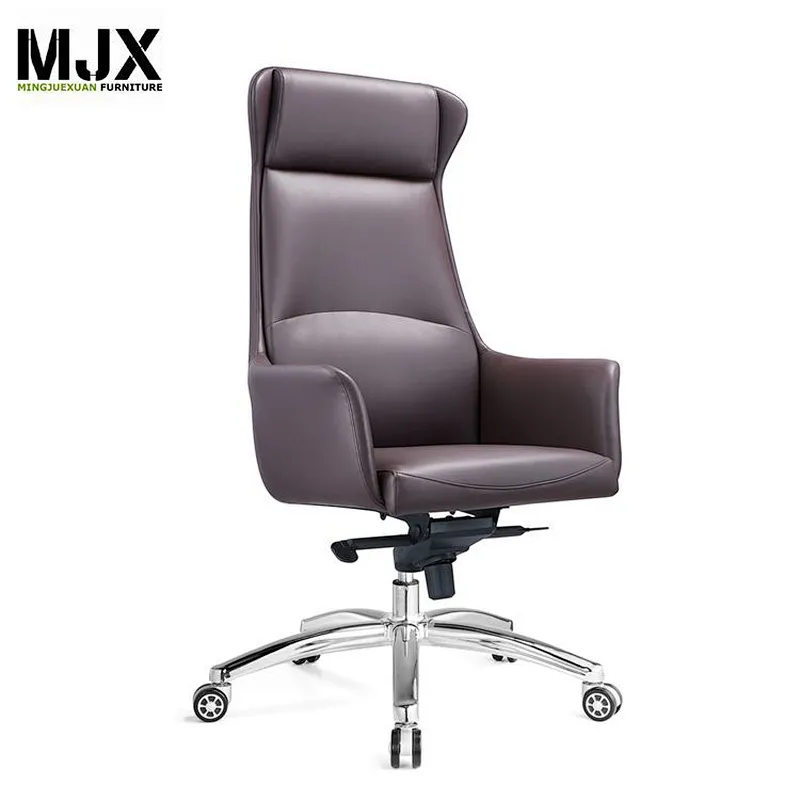 Competitive brown mid back PU leather boss swivel chair with 370mm luxury chrome metal base