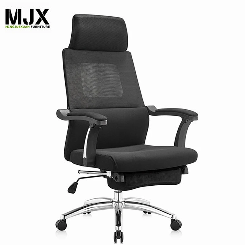 Reclining high back office chair in grey mesh and fabric for relaxing with footrest