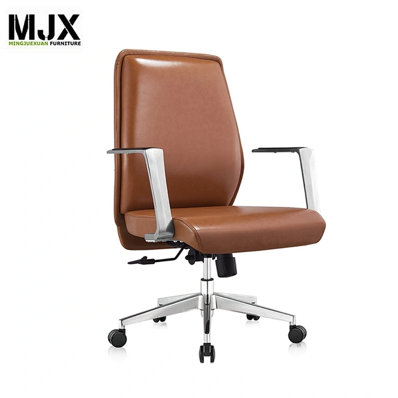 Brown leather revolving furniture mid back reclining chair with wheels