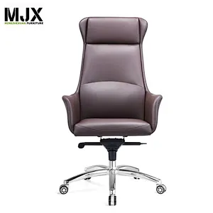 Durable brown high back PU leather boss swivel chair 370mm luxury chrome metal base