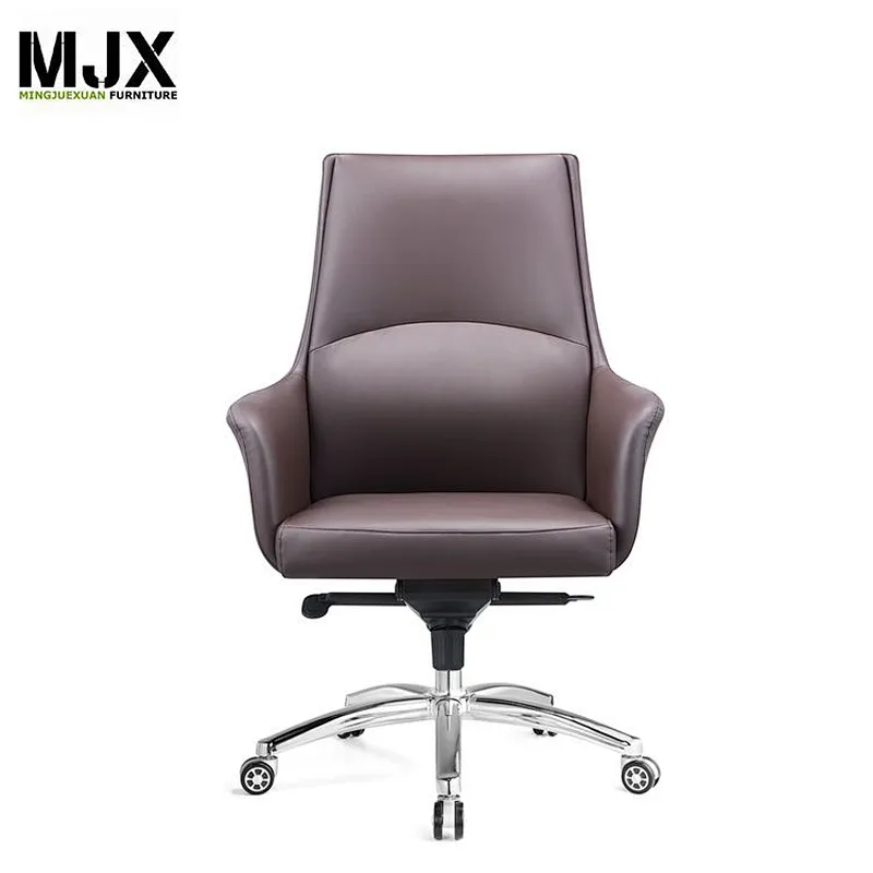 Simple design  brown mid  back PU leather boss visitor chair  with 2.0mm thickness chrome metal frame