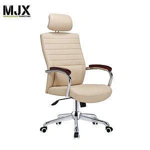 Beige high back Genuine leather office chair with Stainless steel armrest