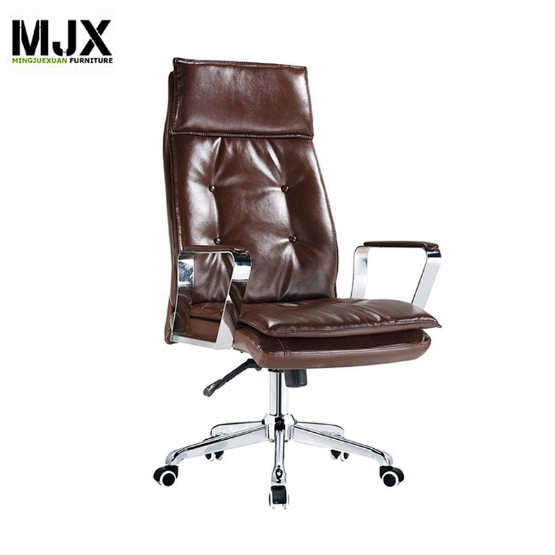 Comfortable furniture brown PU leather revolving chair with chrome leg