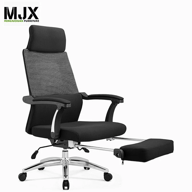Reclining high back office chair in grey mesh and fabric for relaxing with footrest