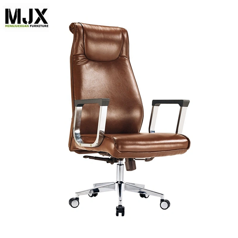 Comfortable furniture brown PU leather revolving chair with chrome leg