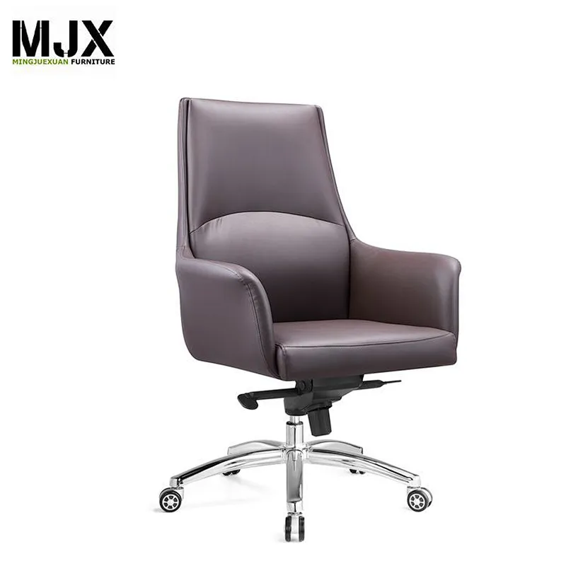 Simple design  brown mid  back PU leather boss visitor chair  with 2.0mm thickness chrome metal frame