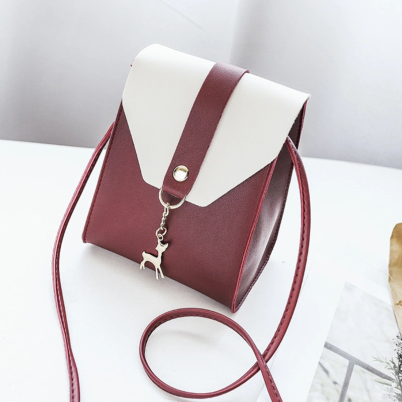 Wholesale Korean PU Leather Crossbody Bags Contrast Color Handbags For Girls With Deer Pendant