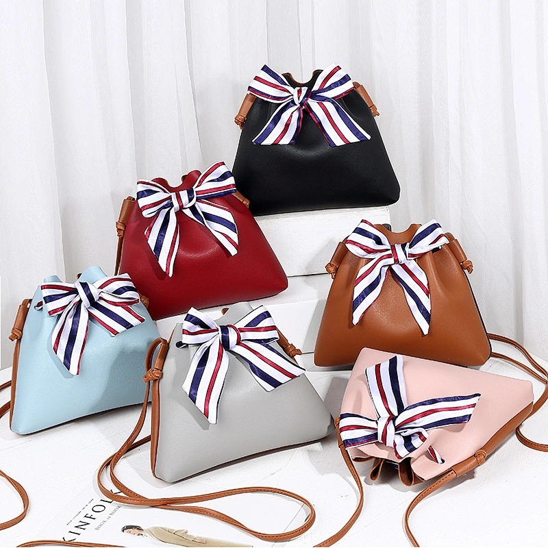College Style Female Small Bucket Type Single Shoulder Women Cell Phone Bag Crossbody Bag With Silk Scarf Bow-Knot