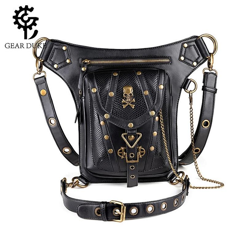 Fashion rivet mens gothic bag steampunk retro rock women skull waist bag shoulder messenger bags