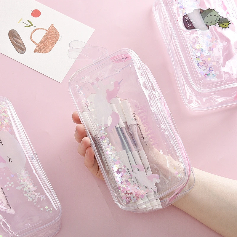 Korean Girl Quicksand Pencil Case Female Ins Simple Creative Sequin Transparent Large Capacity Stationery Bag