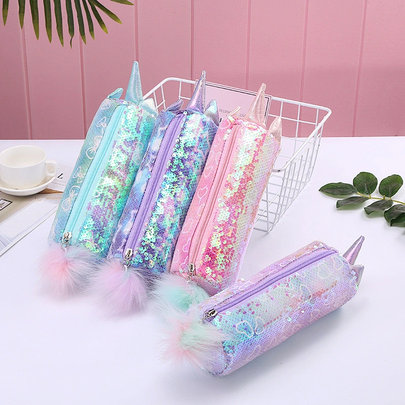 New Unicorn Student Pencil Case Rainbow Sequins Colorful Cartoon Pencil Case Stationery Storage Bag