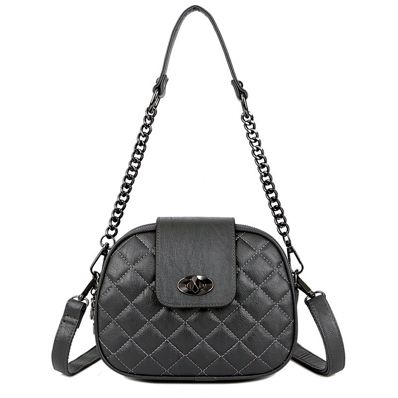 Fashion High Capacity 3 Layer Zipper PU Leather Round Diamond Lattice Messenger Shoulder Bags for Women Purse Bag