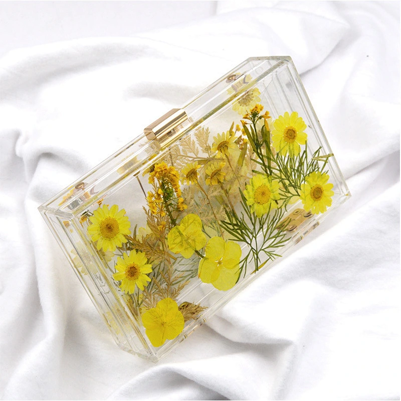 Daisy Floral Acrylic Transparent Clear Square Lady Crossbody Handbag Acrylic Clutch Bag