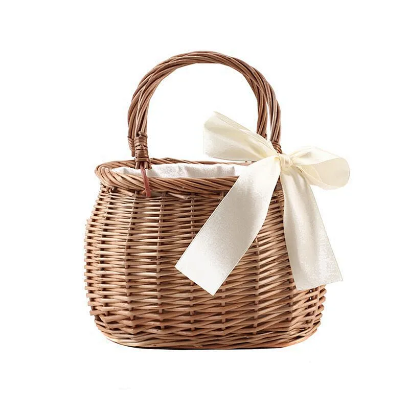 Rattan Flower Basket Handbag Korean Woven Vegetable Basket Cloth Lining Willow New Female Summer Bamboo Woven Bag