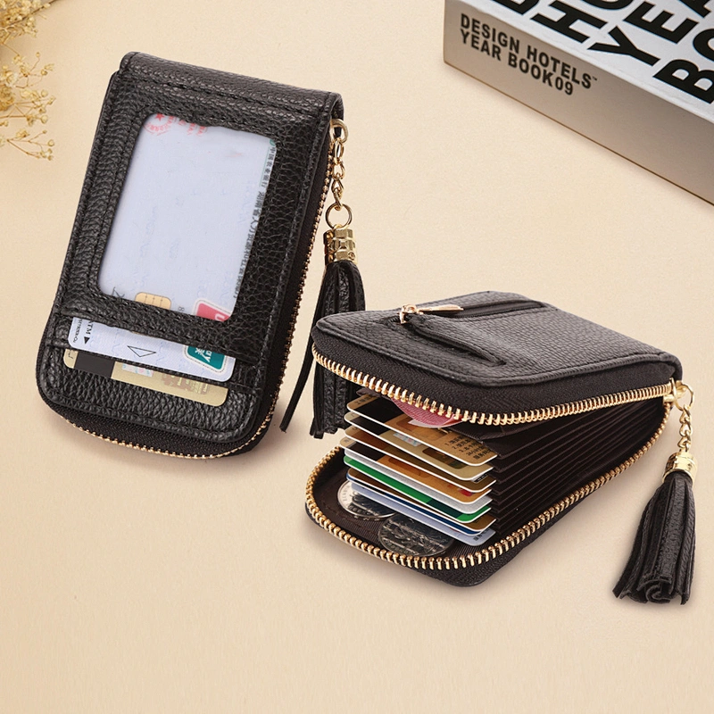 Grain Leather Card Holder Pocket Organ Card Case Zipper Wallets Coin Purse ID Window With Tassel