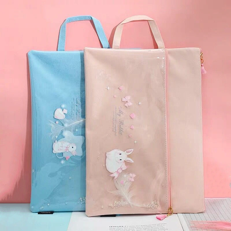 Korea Creative Candy Rabbit Oxford Cloth File Bag Cute Cartoon Double Zipper Pupils Book Pencil Bag