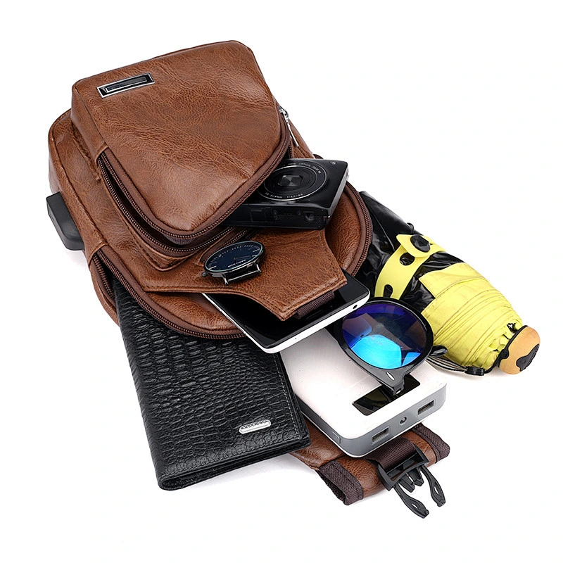 Hot Fashionable Traveling Cell Phone USB Crossbody PU Leather Sling Shoulder Bag Men Crossbody Bag
