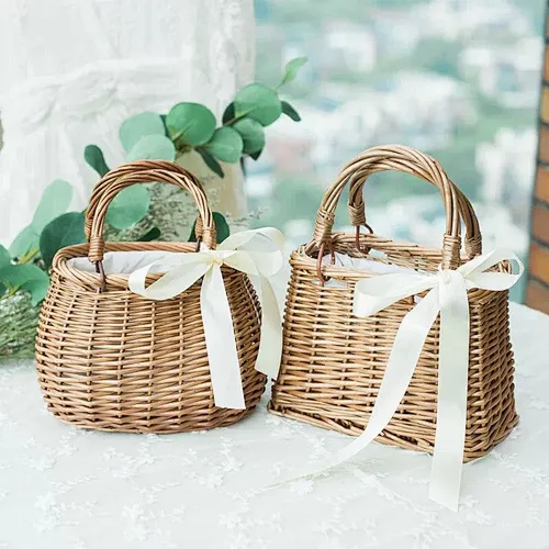 Rattan Flower Basket Handbag Korean Woven Vegetable Basket Cloth Lining Willow New Female Summer Bamboo Woven Bag