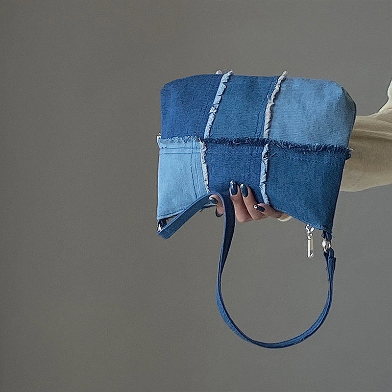Denim Stitching Casual Underarm Bag Women 2021 New All-Match Color Contrast Concave Shape Portable Shoulder Bag