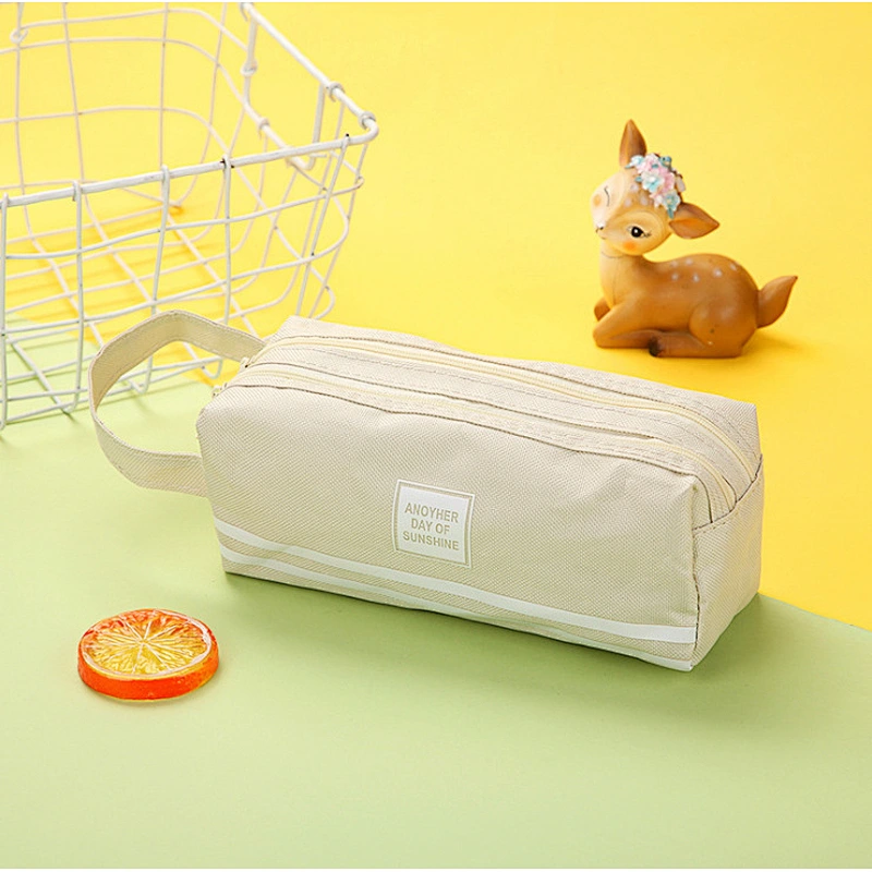 Creative Striped Double Canvas Pencil Case Student Multi-Function Solid Color Storage Stationery Box