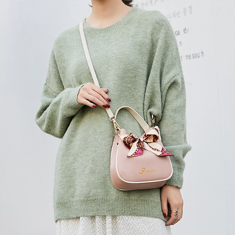 Bucket Bag Women 2021 New Silk Scarf Pure Color Handbag Fashion Girl All-Match PU Crossbody Bag