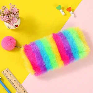 Color Plush New Rainbow Color Plush Pencil Bag Student Stationery Lady Plush Laser Pencil Case