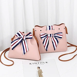 College Style Female Small Bucket Type Single Shoulder Women Cell Phone Bag Crossbody Bag With Silk Scarf Bow-Knot