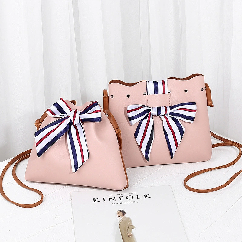 College Style Female Small Bucket Type Single Shoulder Women Cell Phone Bag Crossbody Bag With Silk Scarf Bow-Knot