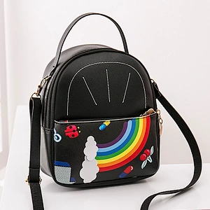 2020 New Korean Trend Simple Casual Soft Leather Mini Backpack Rainbow Printing Female Student School Bag
