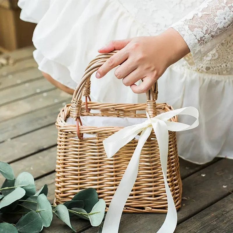 Rattan Flower Basket Handbag Korean Woven Vegetable Basket Cloth Lining Willow New Female Summer Bamboo Woven Bag
