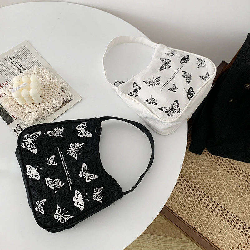 Spring Women Small Handbag Butterfly Print Canvas Tote Ladies' Fashion Underarm Bag Zipper Half Moon Bags Cloth Purse