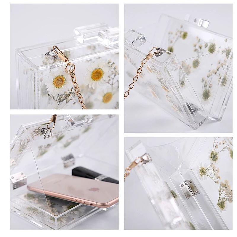 Daisy Floral Acrylic Transparent Clear Square Lady Crossbody Handbag Acrylic Clutch Bag