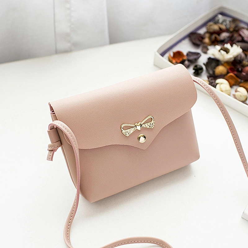 Women Promotion Cheap PU Leather Girls Mini Messenger Crossbody Bowknot Bag