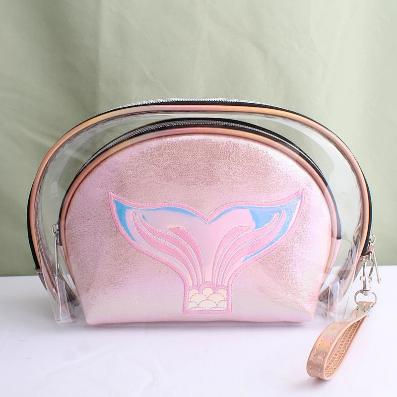 2 Pcs Women Lipstick Waterproof Portable Large Capacity Makeup Mermaid Laser Cosmetic Bag