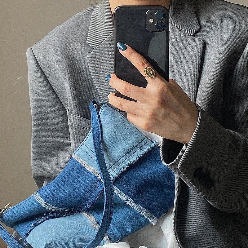 Denim Stitching Casual Underarm Bag Women 2021 New All-Match Color Contrast Concave Shape Portable Shoulder Bag