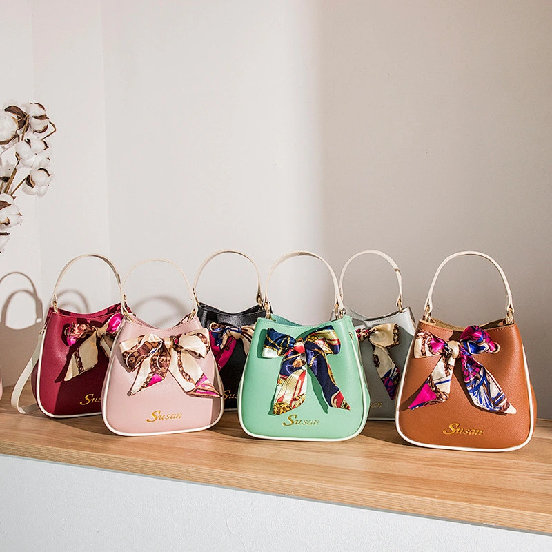 Bucket Bag Women 2021 New Silk Scarf Pure Color Handbag Fashion Girl All-Match PU Crossbody Bag