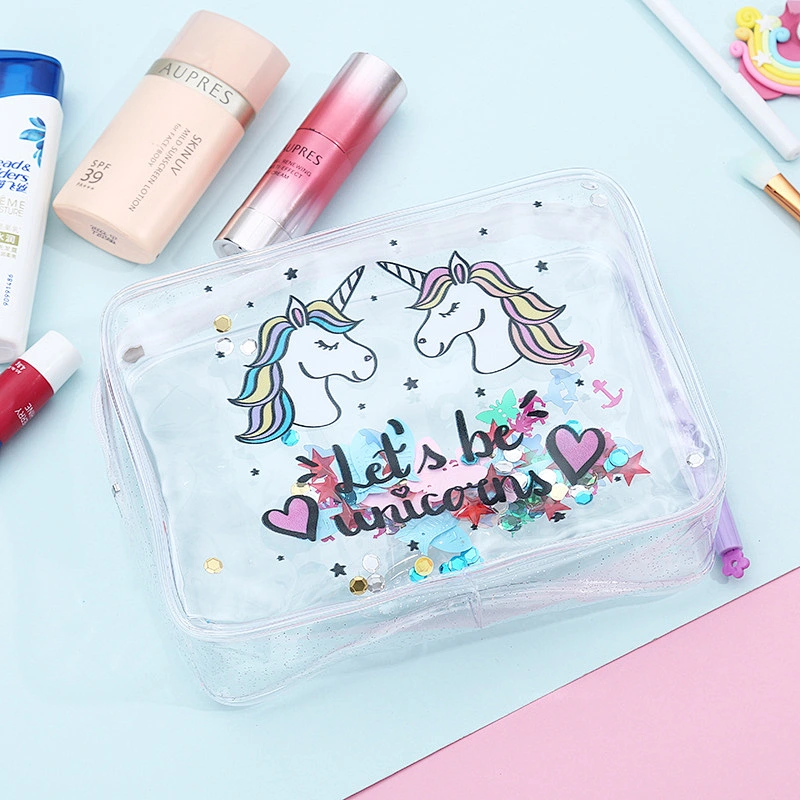 Cute Waterproof Pvc Animal Unicorn Glitter Pencil Hand Bag New Transparent Cosmetic Make Up Bag