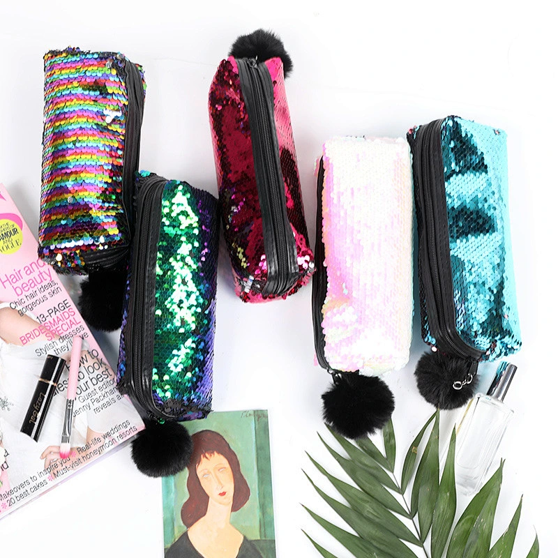 New Style Trendy Plush Ball Zipper Creative Portable Practical Sparkling Sequin Makeup Bags For Ladies