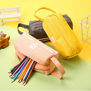 Creative Striped Double Canvas Pencil Case Student Multi-Function Solid Color Storage Stationery Box