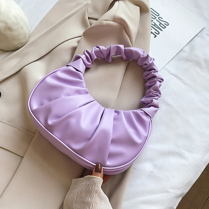 Soft High Quality Leather Pure Color Ruched Pattern Woman Shoulder Bag