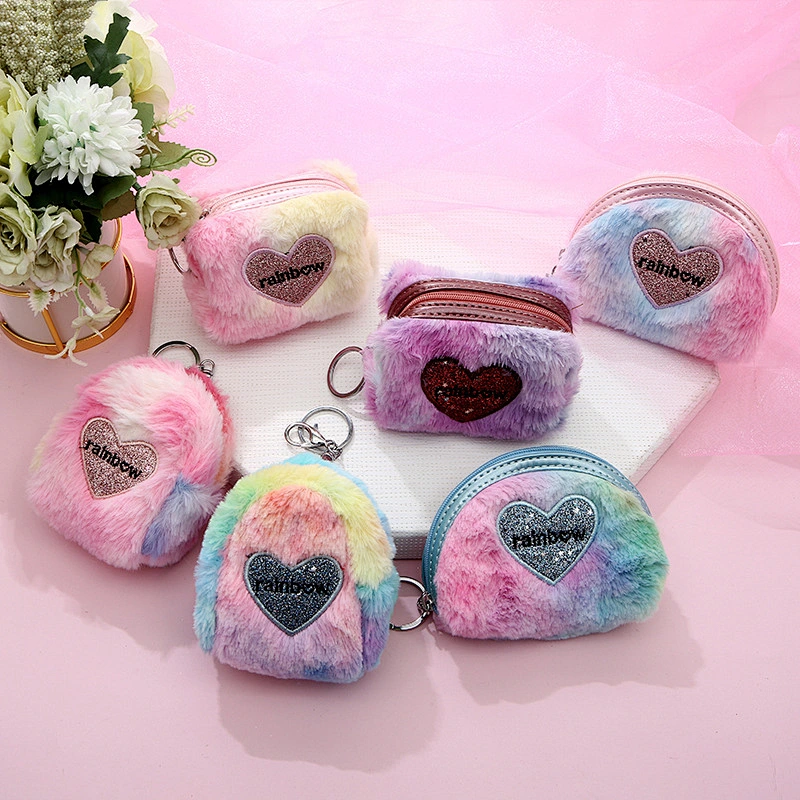Trendy Hot Colorful Heart-shaped Coin Purse Creative Plush Mini Wallet Ladies Storage Coin Bag Wholesale