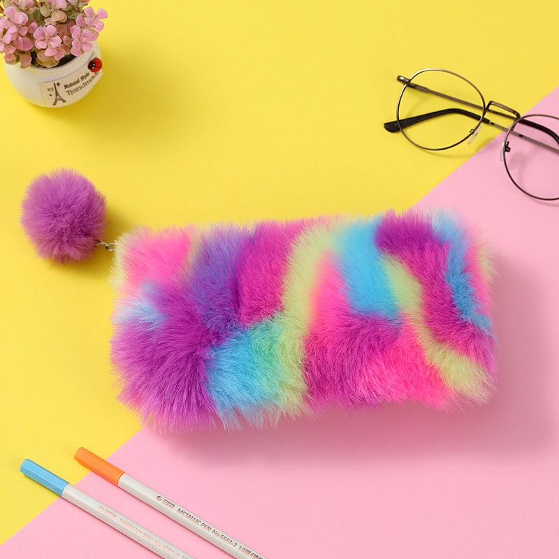 Color Plush New Rainbow Color Plush Pencil Bag Student Stationery Lady Plush Laser Pencil Case