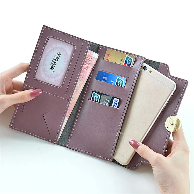 Cheap Fashion Leather Long Clutch Card Holder with Button Women mobile Leather Wallet
